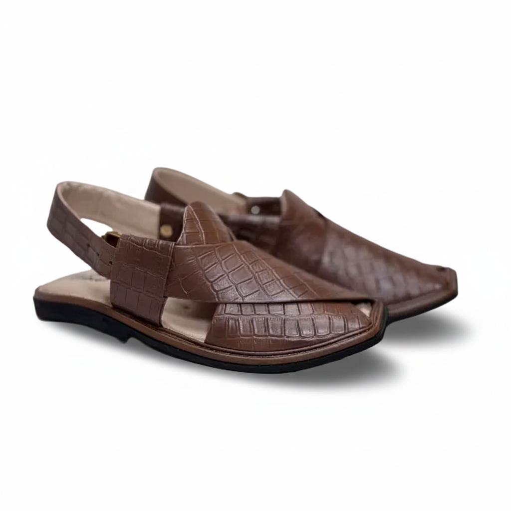 Coffee Brown Premium Crocodile Textured Peshawari Kheri/Chappal