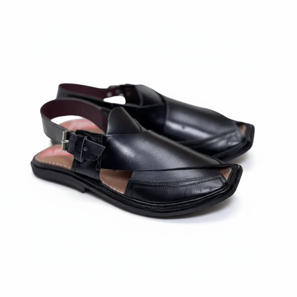 Midnight Black Handmade Leather Peshawari Kheri/Chappal