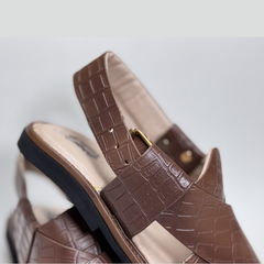 Coffee Brown Premium Crocodile Textured Peshawari Kheri/Chappal